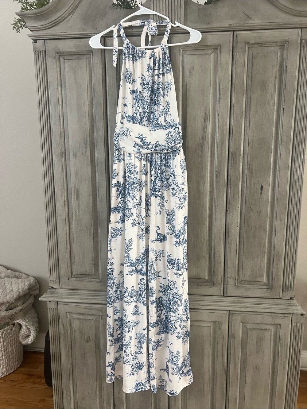 Blue and White Toile Maxi Dress with Tie Straps